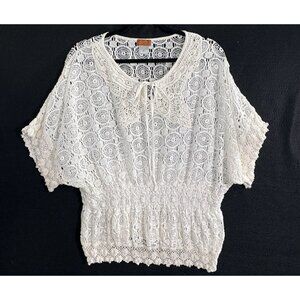 SCULLY Women Crochet Wide Sleeve Round Neck Top Sz M White Western Boho 50-17